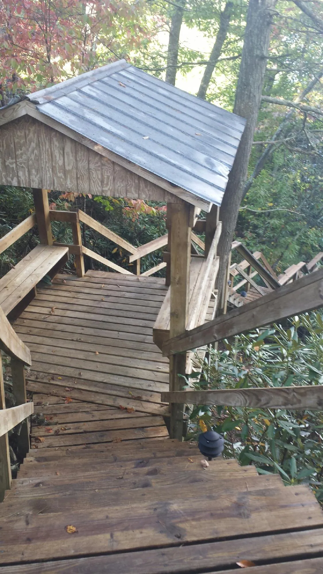 Metal roofed shelter over wooden steps on a wooded walkway — Skylight Repair & Installation work by our crew in Hooper